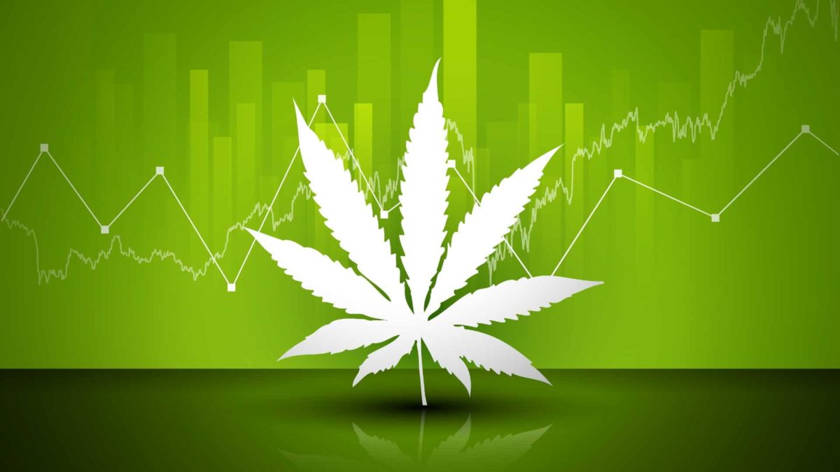 A white cannabis leaf set against a green background with a graph going up, indicating a rising share price for ASX cannabis shares