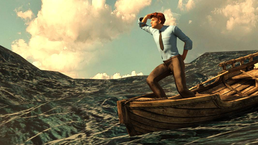 A businessman on a rowing boat in rough seas, indicating rocky share price movements on the ASX and better options offshore