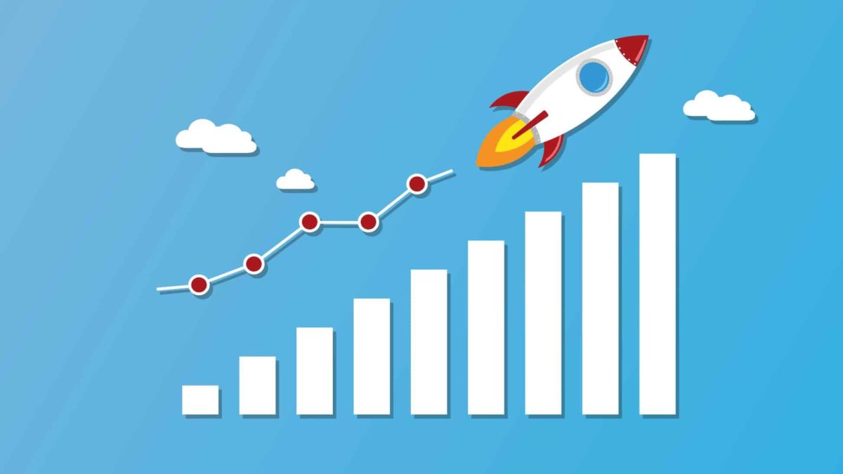 A drawing of a rocket follows a chart up, indicating share price lift