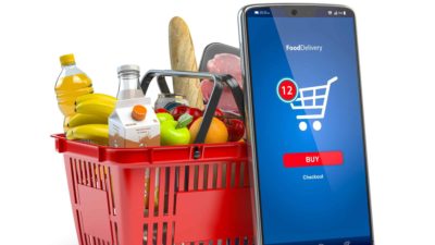 basket of grocery items with smart phone ordering system