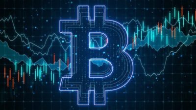 violet bitcoin logo with share price lines in the background