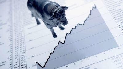 bull market model with a bull looking at a rising chart