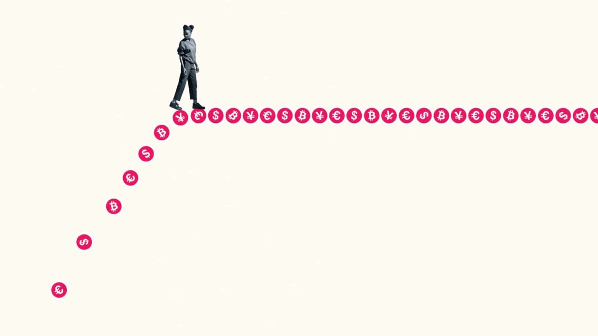 bitcoin and ethereum price changes represented by woman walking along cryptocurrency stepping stones