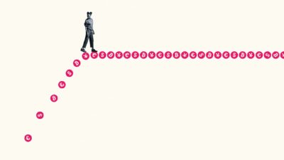 bitcoin and ethereum price changes represented by woman walking along cryptocurrency stepping stones