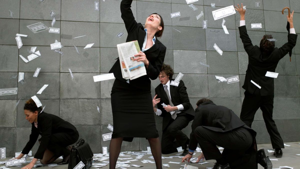 ANZ ASX 200 banks capital return Group of investors madly grabbing for cash on city street.