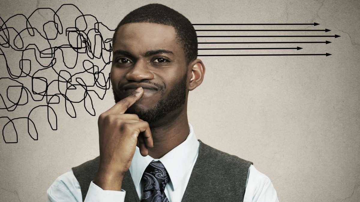 Depiction of a man turning chaotic thoughts into clear direction