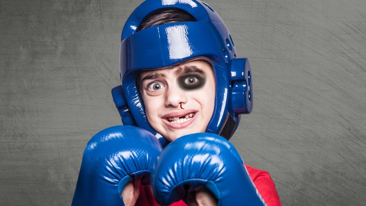 share price battering and recovery, child with black eye and boxing gloves