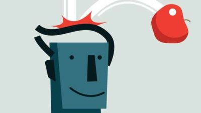 Cartoon character with an apple bouncing off his head