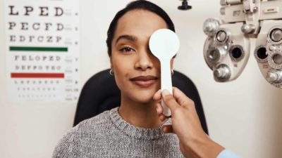 A woman sits inside a cubicle undergoing an eyetest
