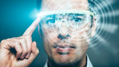 Man wearing Facebook wearable glasses.