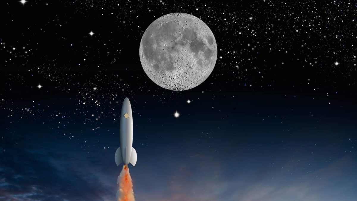 A rocket blasts off into space with planet behind it.