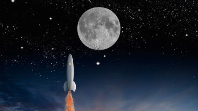 A rocket blasts off into space with planet behind it.