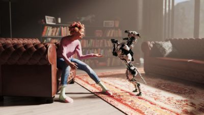 A woman plays with her artificial intelligence dog in her lounge room.