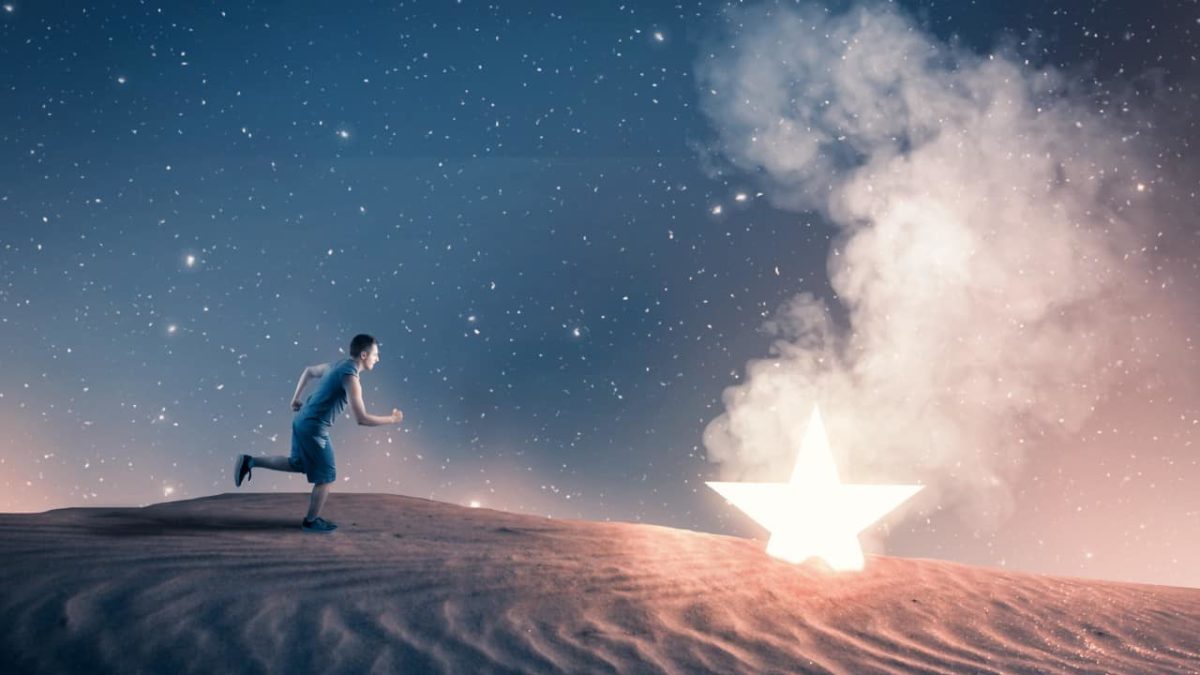 A star has fallen from the sky and landed, burning and smoking, in the desert and sinking into the sand.