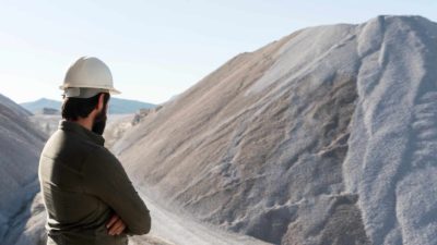 A man in a hardhat looks down, arms crossed, into the quarry pit.