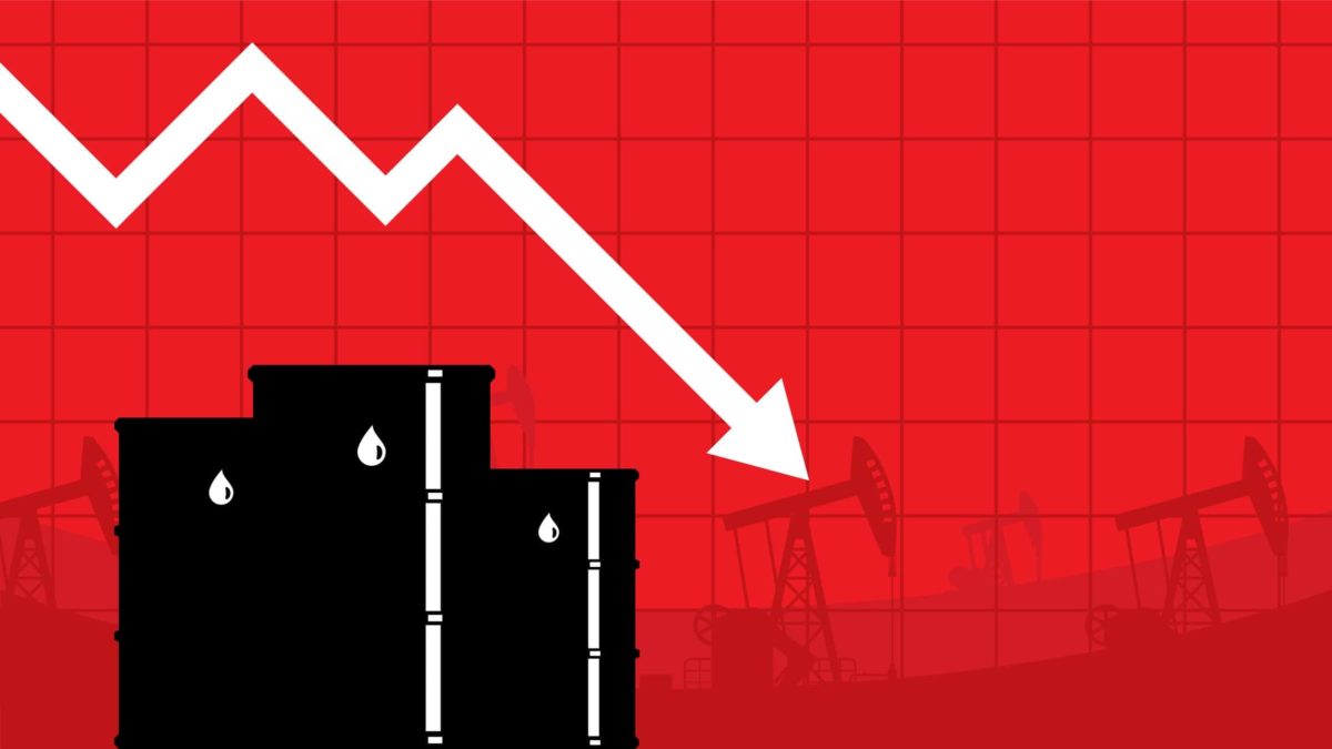 An image showing a red graph with a white arrow pointing downwards above three black barrels of oil to represent falling oil prices and ASX 200 energy shares