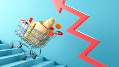 Supermarket trolley with groceries going up the stairs with a rising red arrow.