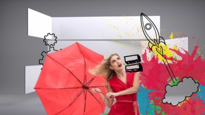 A woman and her umbrella are blown away by the force of a rocket.