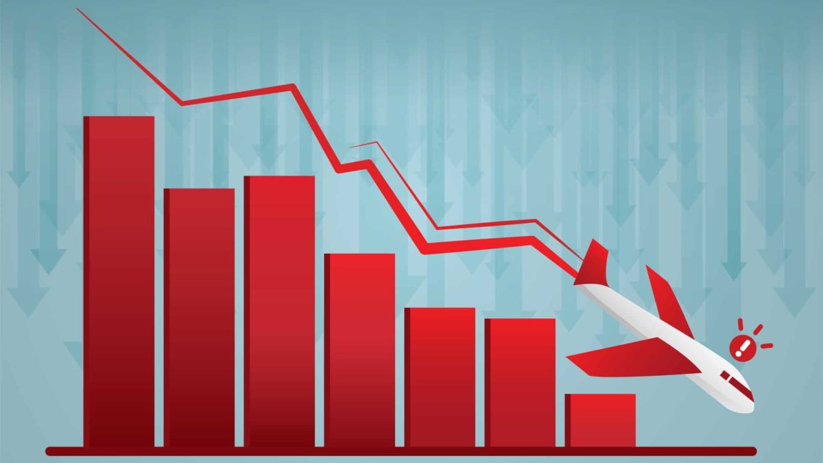 Red plane joint to an arrow declining on a chart.