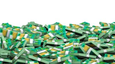 Bundles of $100 Australian notes representing dividends.