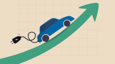 Blue electric vehicle on a green rising arrow with a charger hanging out.