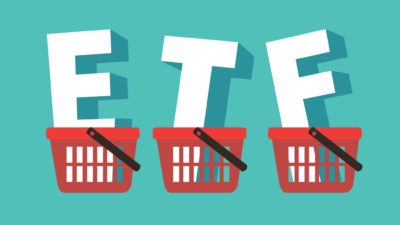ETF written in white and in shopping baskets.