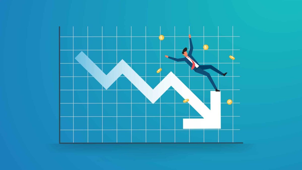 White declining arrow on a blue graph with an animated man representing a falling share price.