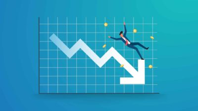 White declining arrow on a blue graph with an animated man representing a falling share price.