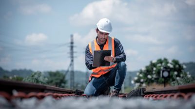 a railway worker squats down in between tracks to note something on his documentation. He is waring a hard hat and high visibility vest and there is signalling equipment in the background.