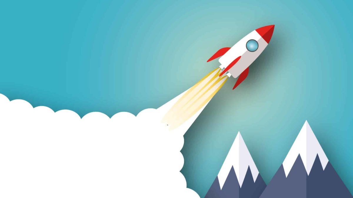 Rocket going up above mountains, symbolising a record high.