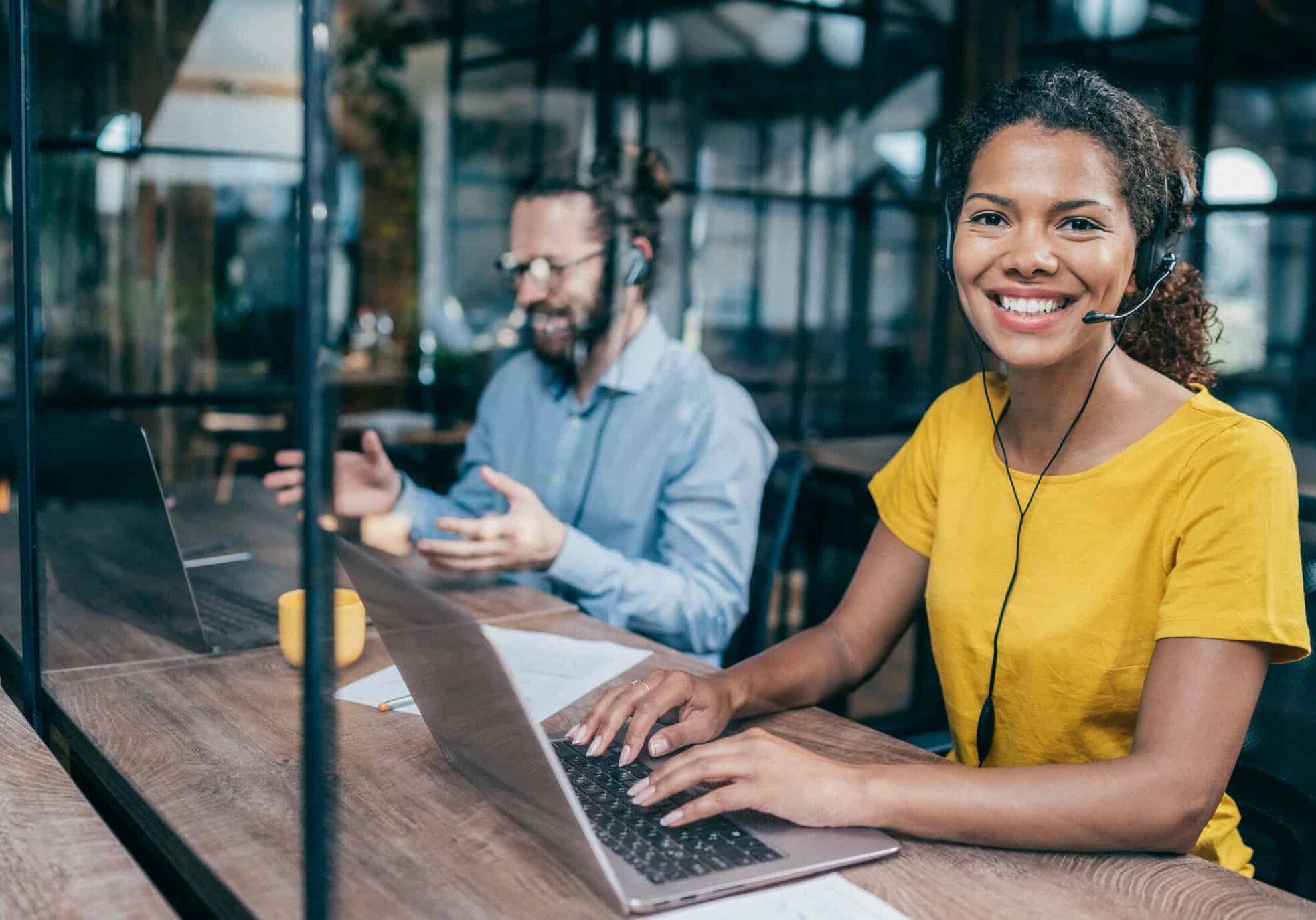 Customer support operators working in call center